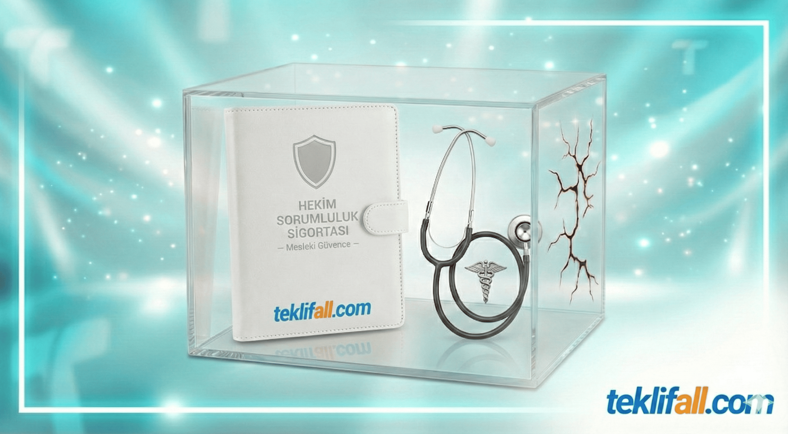 Hekim Sorumluluk Sigortası (Malpraktis) poliçesi için hazırlanmış beyaz profesyonel ajanda ve steteskop. Doktorlar için mesleki güvence sağlayan şeffaf koruma kutusu. Teklifall.com zorunlu hekim sigortası