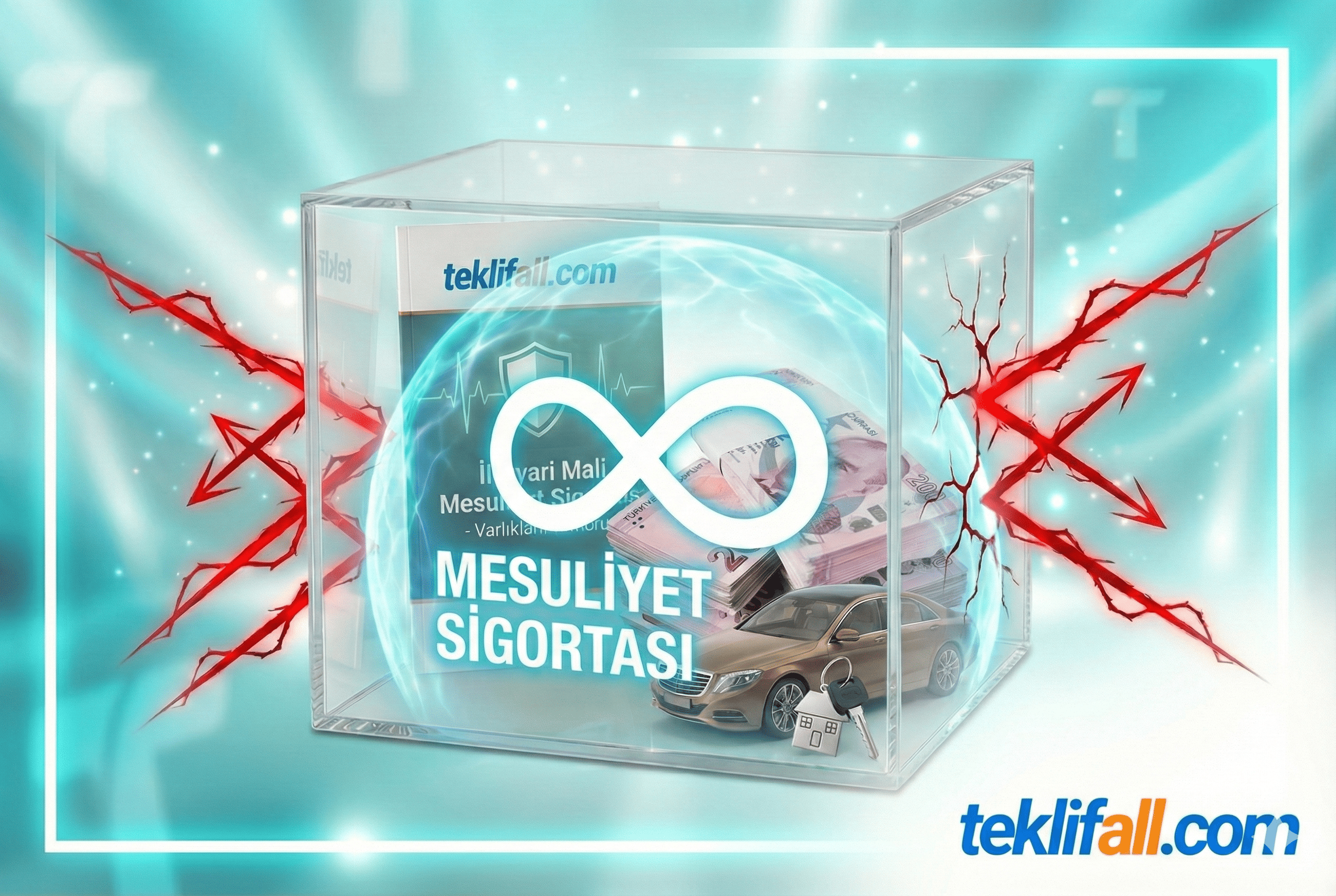 ınırsız İhtiyari Mali Mesuliyet Sigortası (İMM) poliçesi. Lüks araç ve nakit parayı risklere karşı koruyan mavi enerji kalkanı ve sonsuzluk işareti